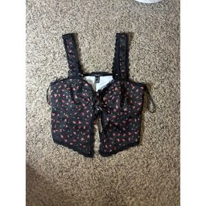 Forever 21 Black Floral Rose Corset Crop Top Lace Trim Lace Up Womens Medium